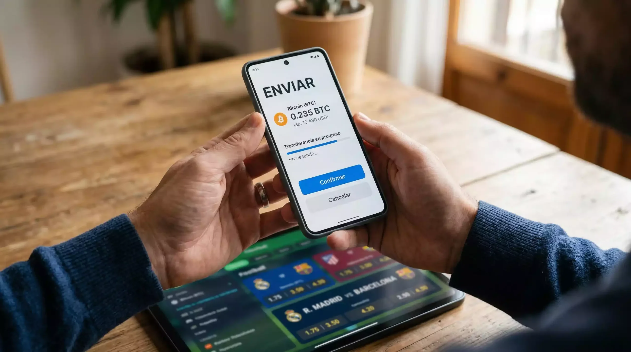 Persona enviando criptomonedas desde un monedero digital en su teléfono móvil a una plataforma de apuestas