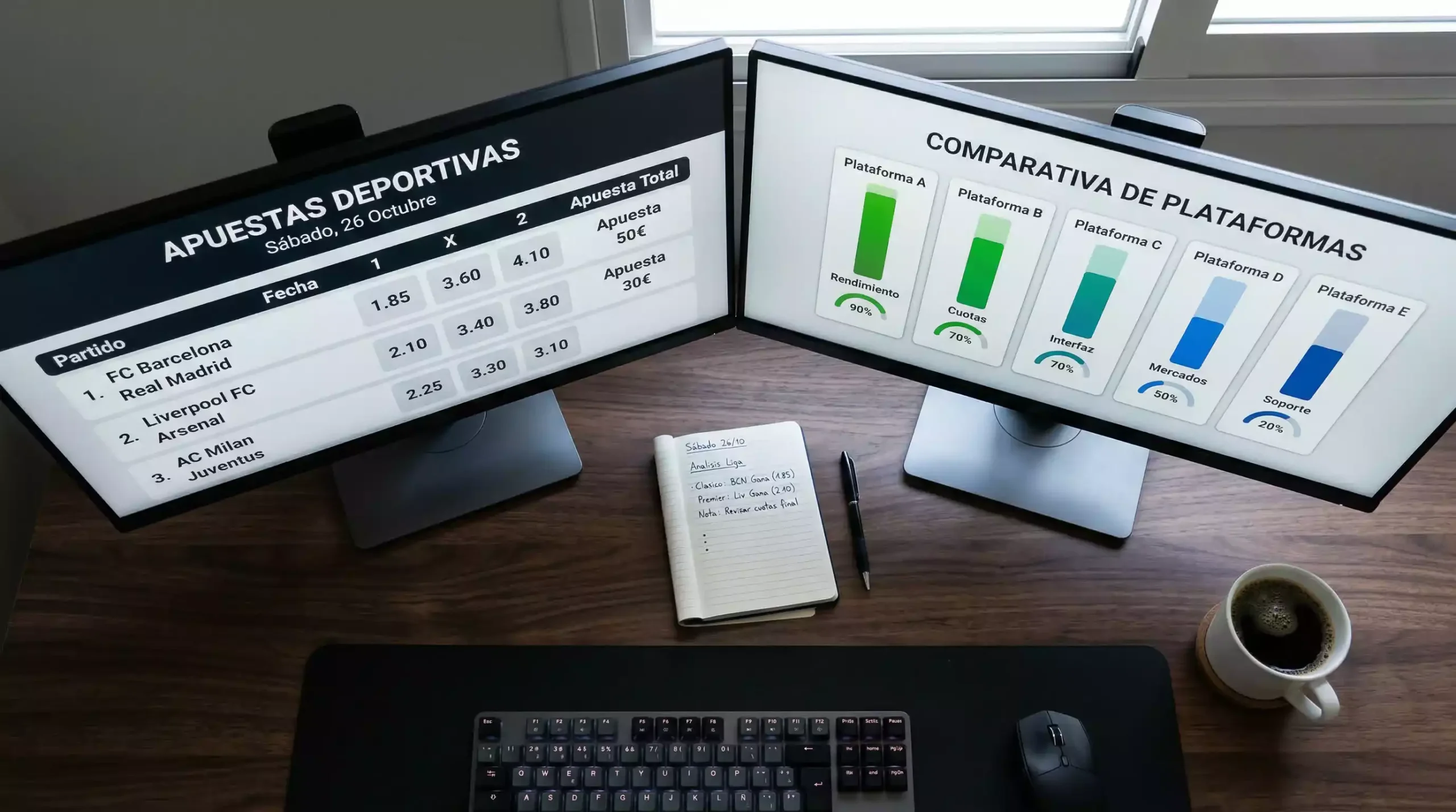 Escritorio con dos monitores mostrando interfaces de plataformas de apuestas deportivas con criptomonedas