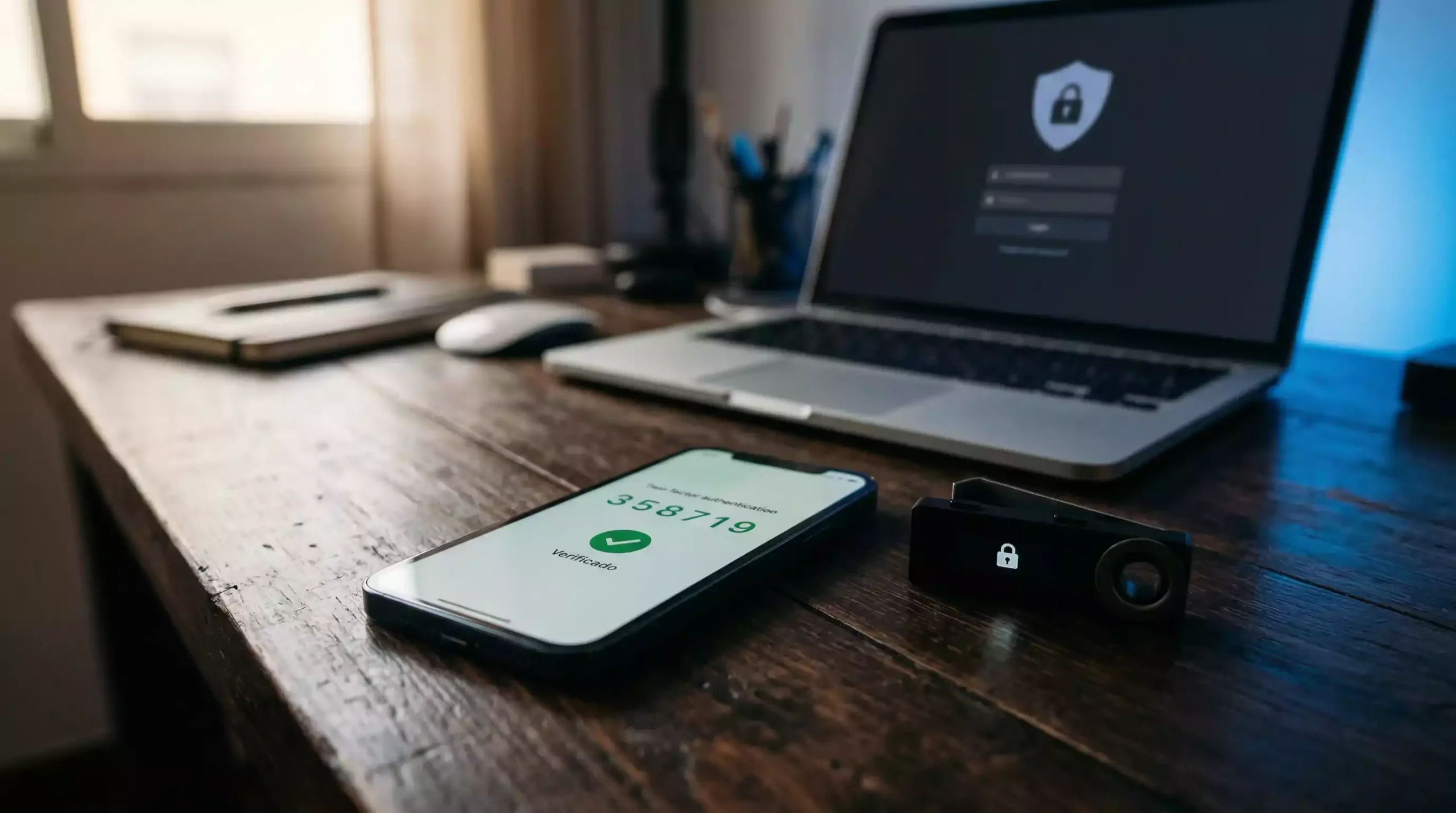 Candado de seguridad digital sobre un escudo junto a un teléfono móvil con autenticación de dos factores activada