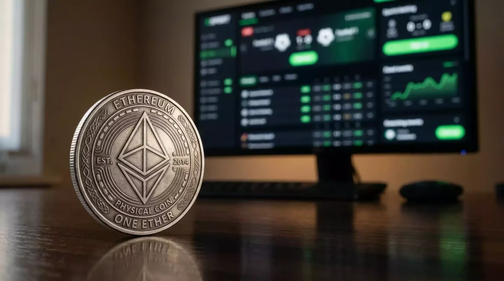Moneda de Ethereum junto a una pantalla mostrando una plataforma de apuestas cripto