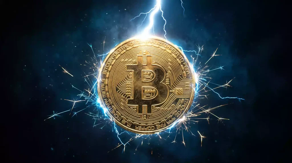 Moneda de Bitcoin dorada iluminada por un rayo que simboliza Lightning Network