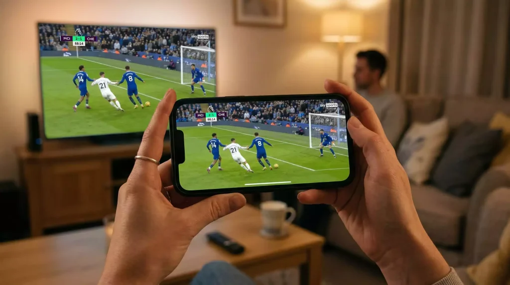 Persona viendo un partido en directo en su móvil mientras realiza una apuesta cripto en vivo