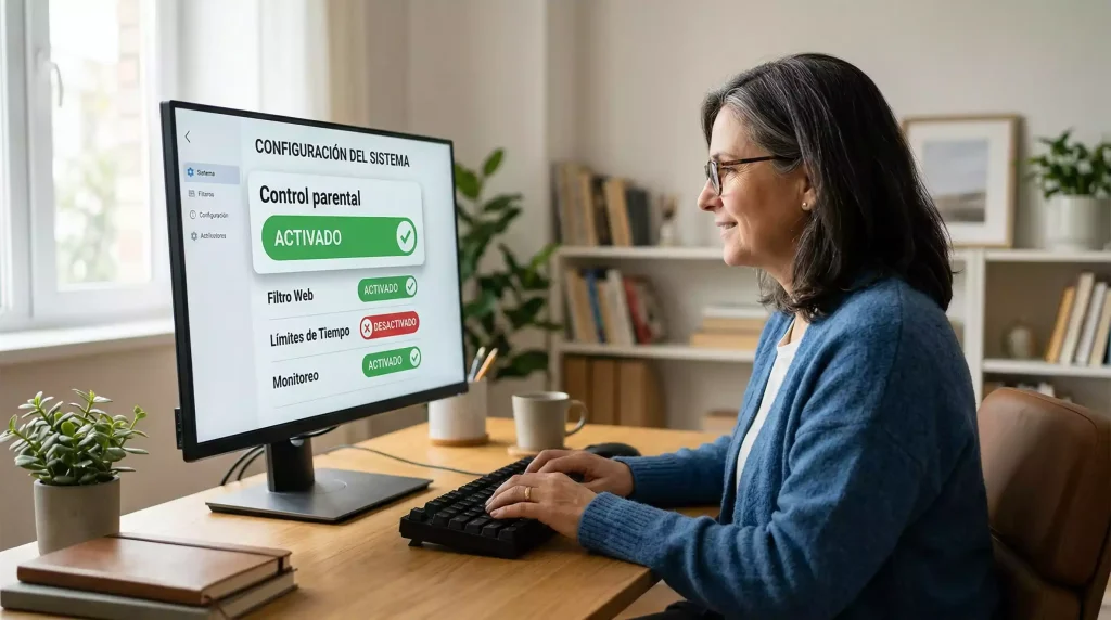 Padre supervisando el uso de un ordenador con herramientas de control parental activadas