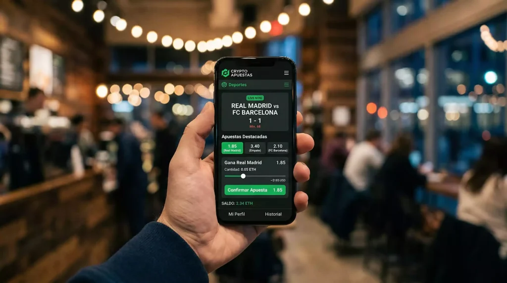 Mano sosteniendo un smartphone con una app de apuestas cripto y una wallet móvil abierta