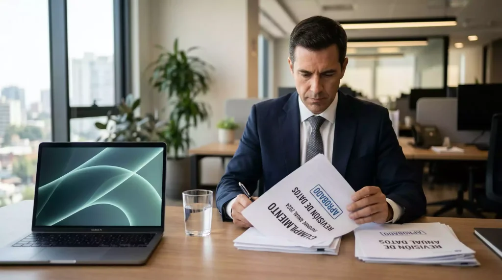 Profesional revisando documentos de cumplimiento normativo AML junto a una pantalla con datos de transacciones