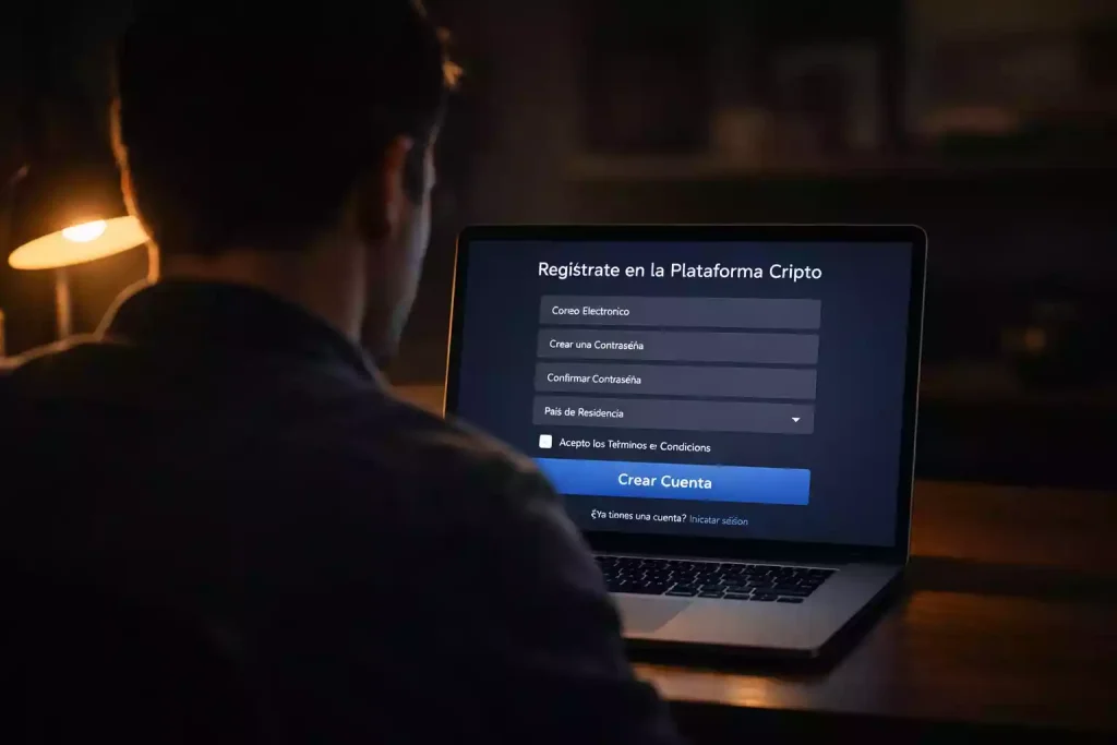 Persona anónima frente a una pantalla de registro de plataforma de apuestas cripto
