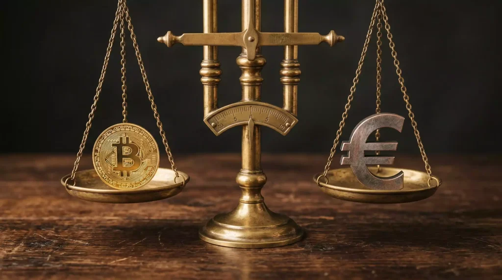 Dos lados de una balanza comparando un símbolo cripto y un símbolo de euro