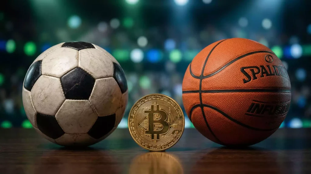Balón de fútbol y balón de baloncesto junto a un símbolo de Bitcoin en un estadio deportivo