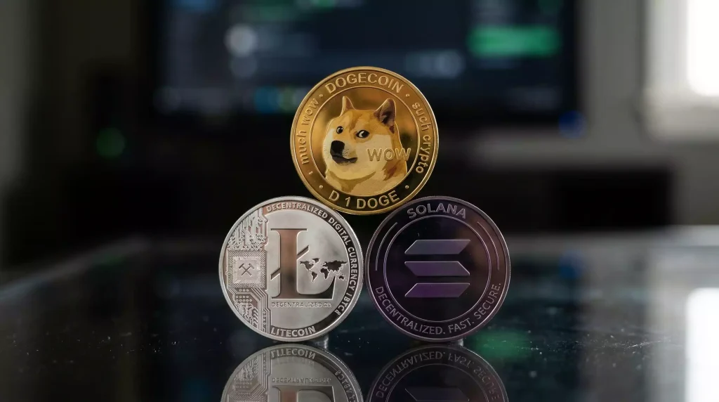 Monedas de Dogecoin, Litecoin y Solana sobre una mesa junto a una pantalla de apuestas