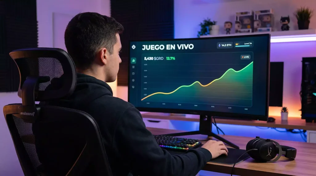 Jugador frente a una pantalla con juegos originales de casino cripto tipo crash y dice
