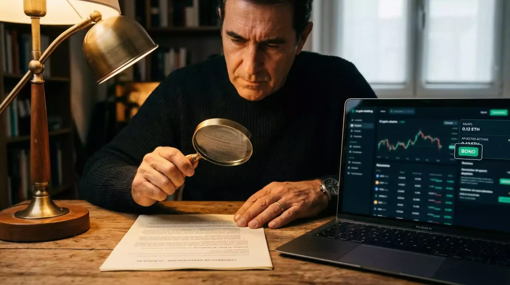 Persona revisando las condiciones de un bono de bienvenida en una casa de apuestas cripto