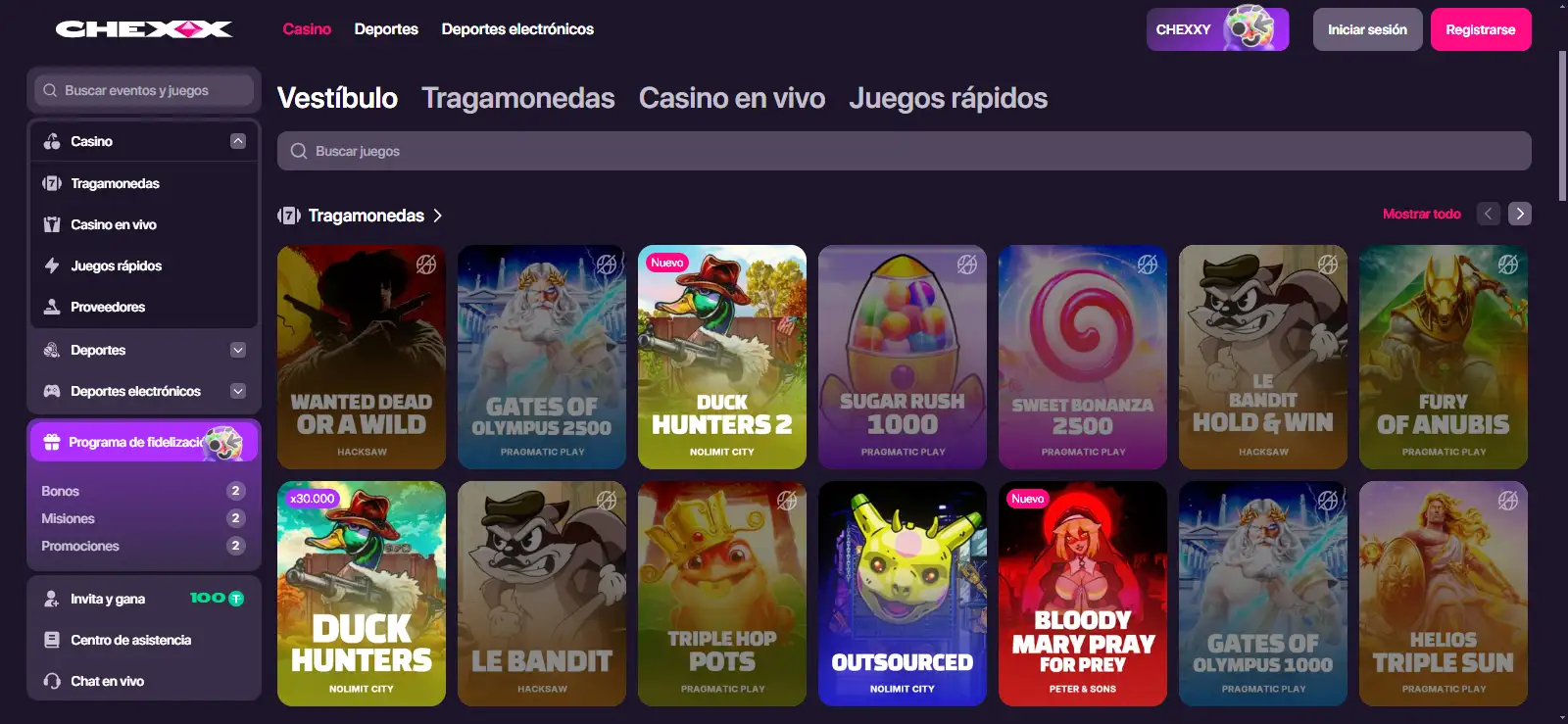Catálogo de juegos de CHEXX con categorías y filtros de tragaperras