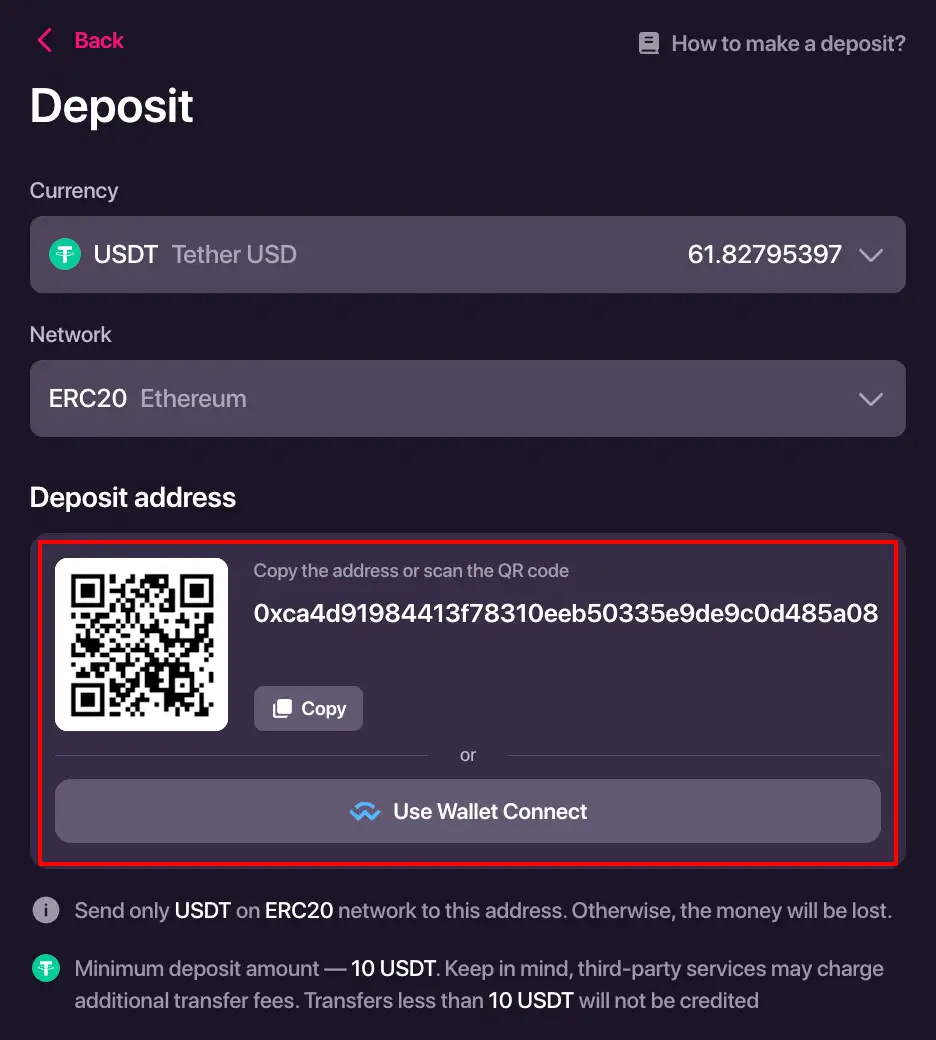 Selector de activo y red para depositar criptomonedas en CHEXX