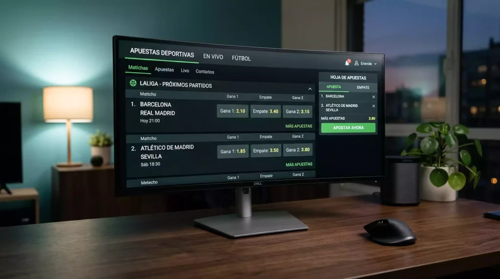 Pantalla de ordenador mostrando la interfaz de una plataforma de apuestas cripto con estadísticas deportivas