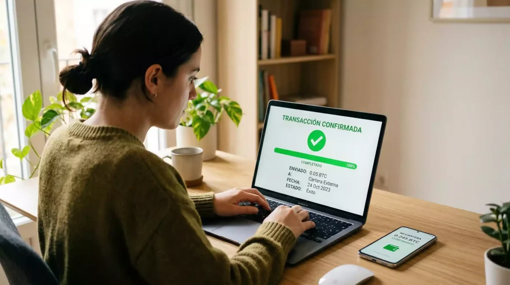 Persona realizando una transferencia de criptomonedas desde su ordenador hacia una plataforma de apuestas