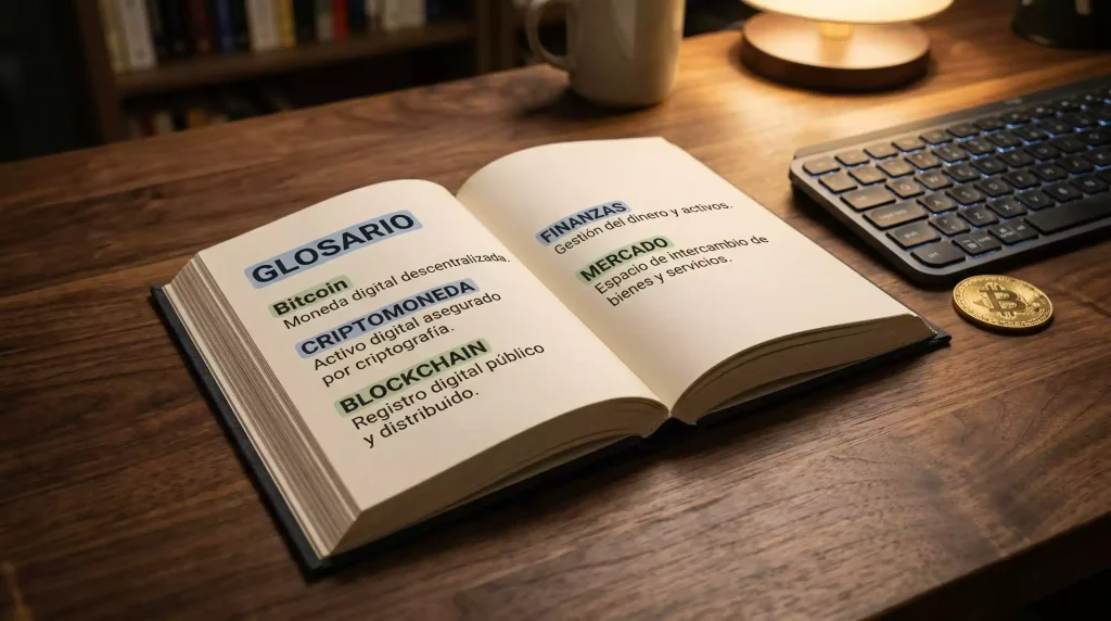 Libro abierto con términos de criptomonedas y apuestas destacados junto a un teclado de ordenador