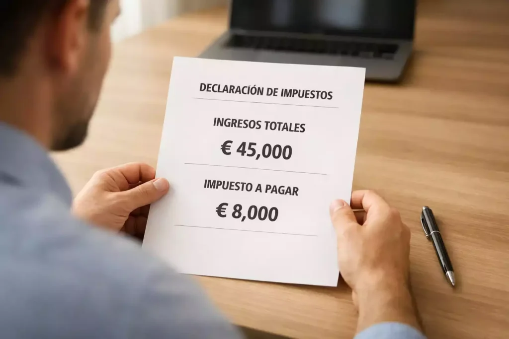 Persona calculando impuestos con documentos fiscales y símbolo del euro sobre la mesa