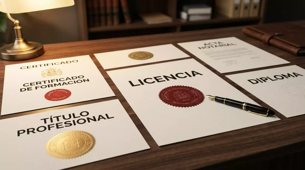 Documentos oficiales de licencia de diferentes jurisdicciones sobre un escritorio profesional