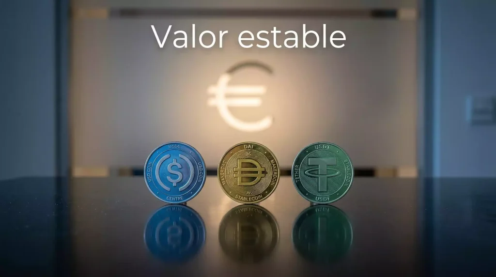 Tres monedas de stablecoins USDC, DAI y USDT alineadas sobre una superficie con un signo de euro al fondo