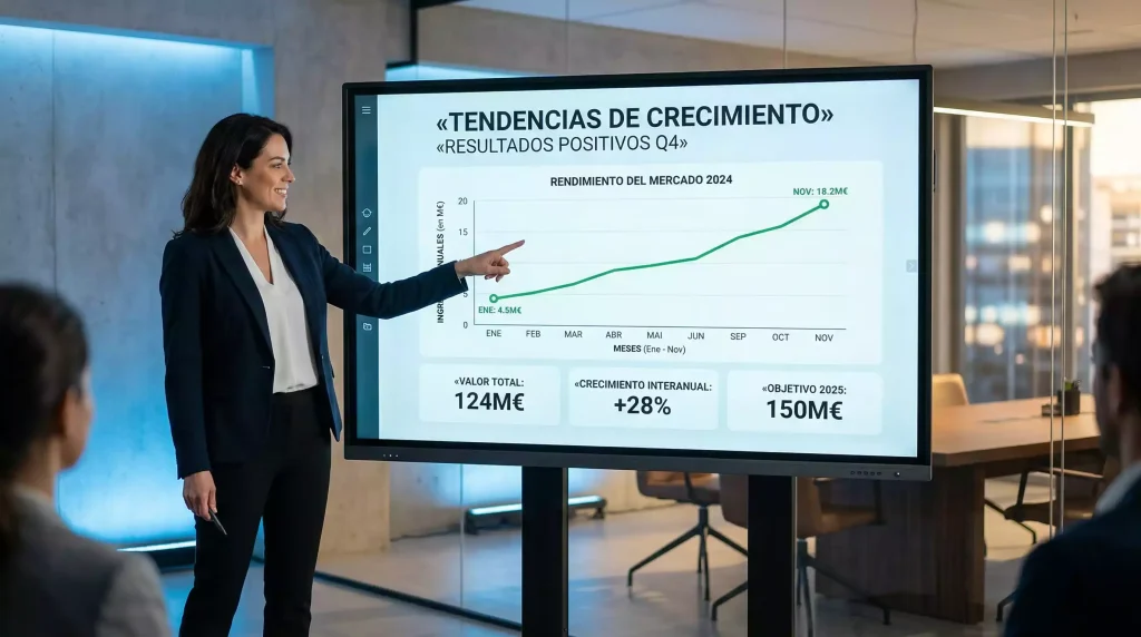 Profesional analizando tendencias tecnológicas en una pantalla con gráficos de crecimiento del mercado cripto