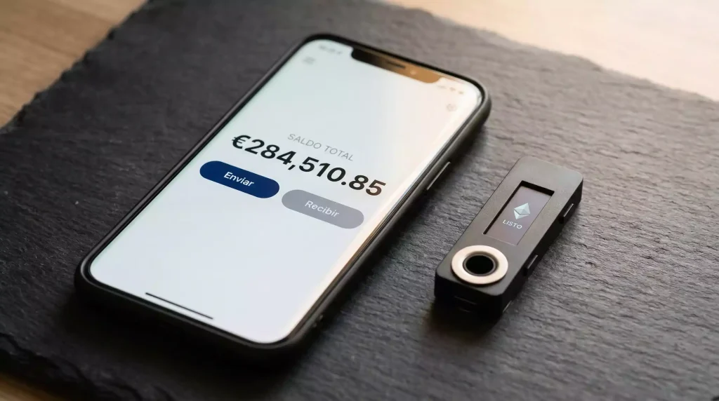 Smartphone con una wallet de criptomonedas abierta junto a un dispositivo hardware wallet